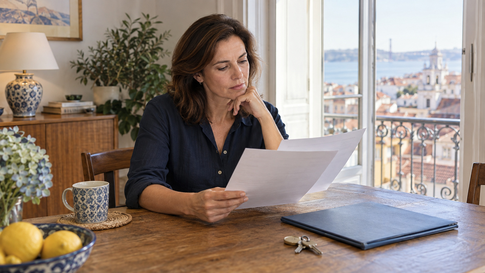Property owner reviewing two sheets of paperwork beside a blue folder and keys in a Lisbon apartment.