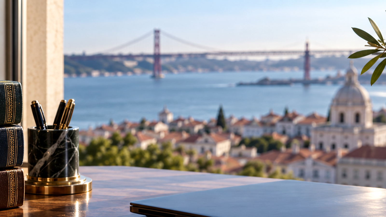 Text-free Lisbon office desk overlooking the Tagus, illustrating the acquisition of a Portuguese business.