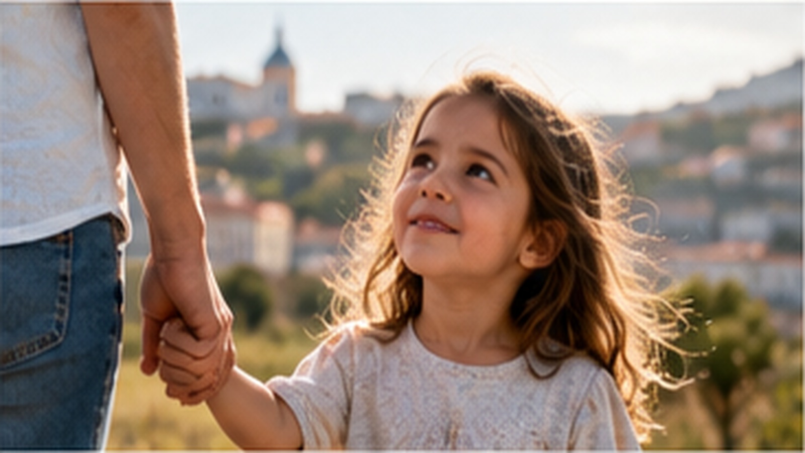 Parent and child walking together in a Portuguese neighbourhood.