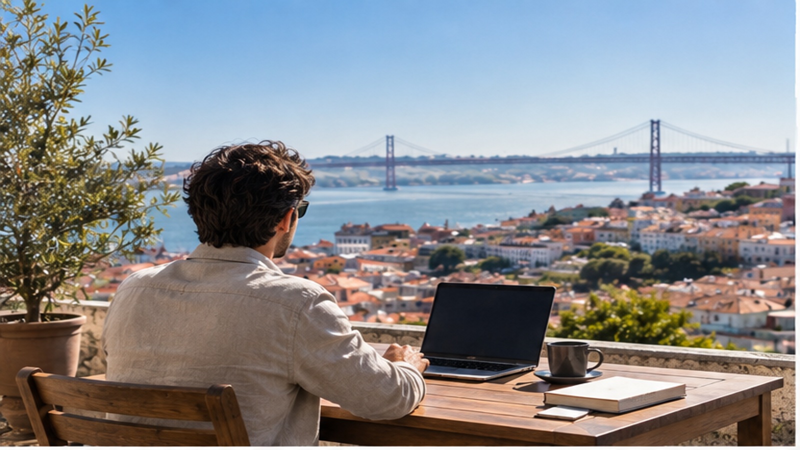 International professional working from a terrace overlooking Lisbon.