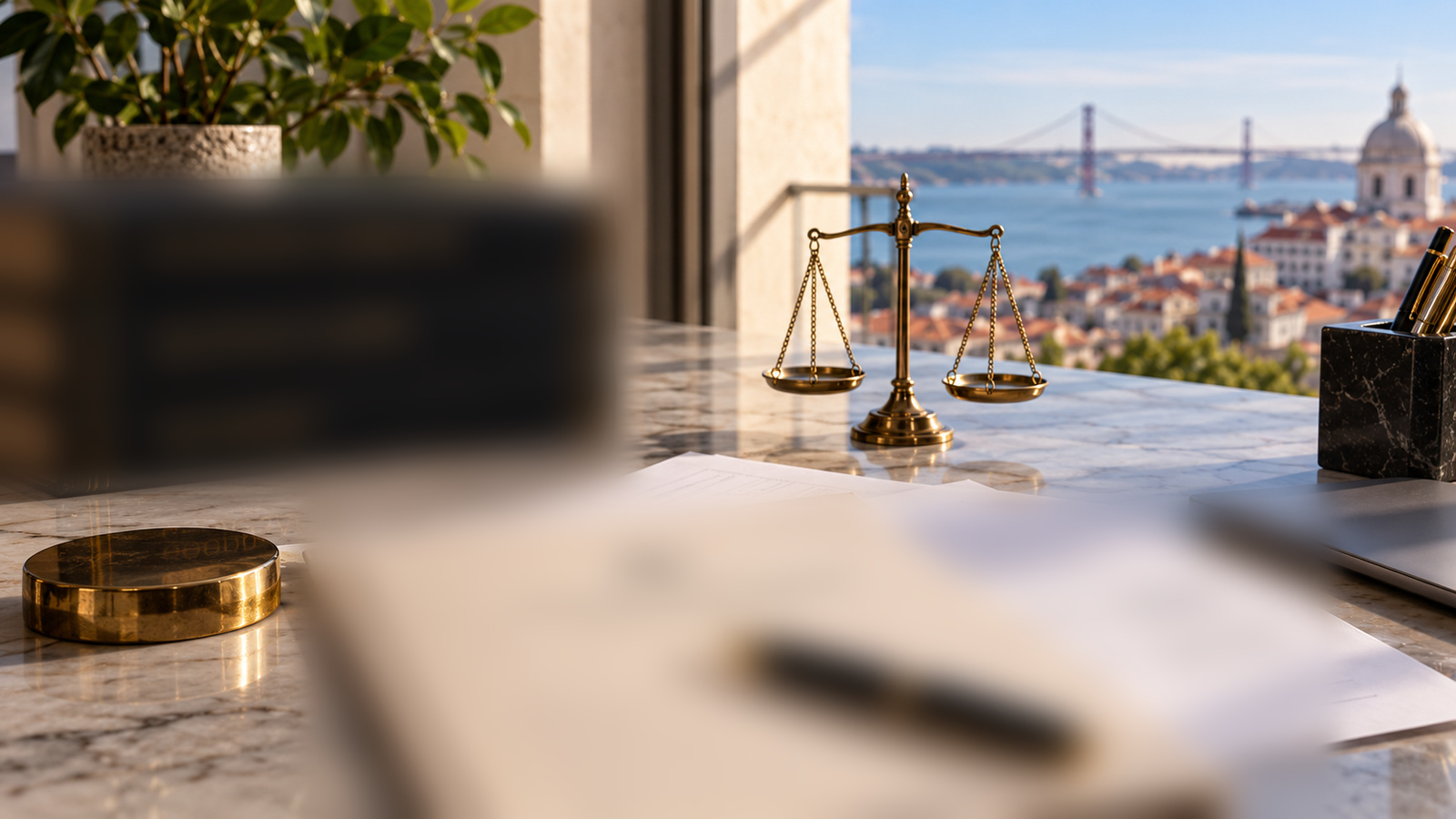 Brass balance scales on a Lisbon office desk overlooking the Tagus, illustrating an employment dismissal dispute.