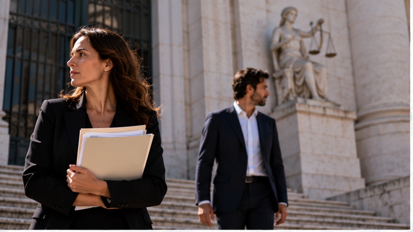International divorce client leaving a Portuguese court with legal documents.