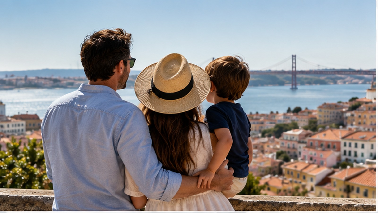 Family overlooking Lisbon while planning a move to Portugal.