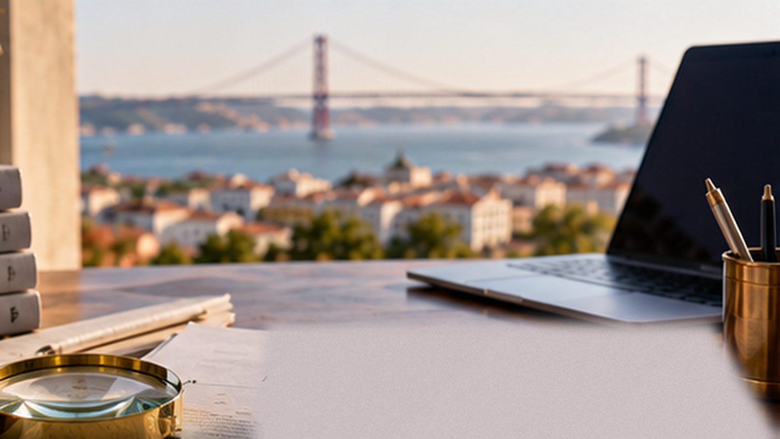 Portuguese estate investigation materials on a professional Lisbon office desk overlooking the Tagus, with a magnifying glass and laptop.
