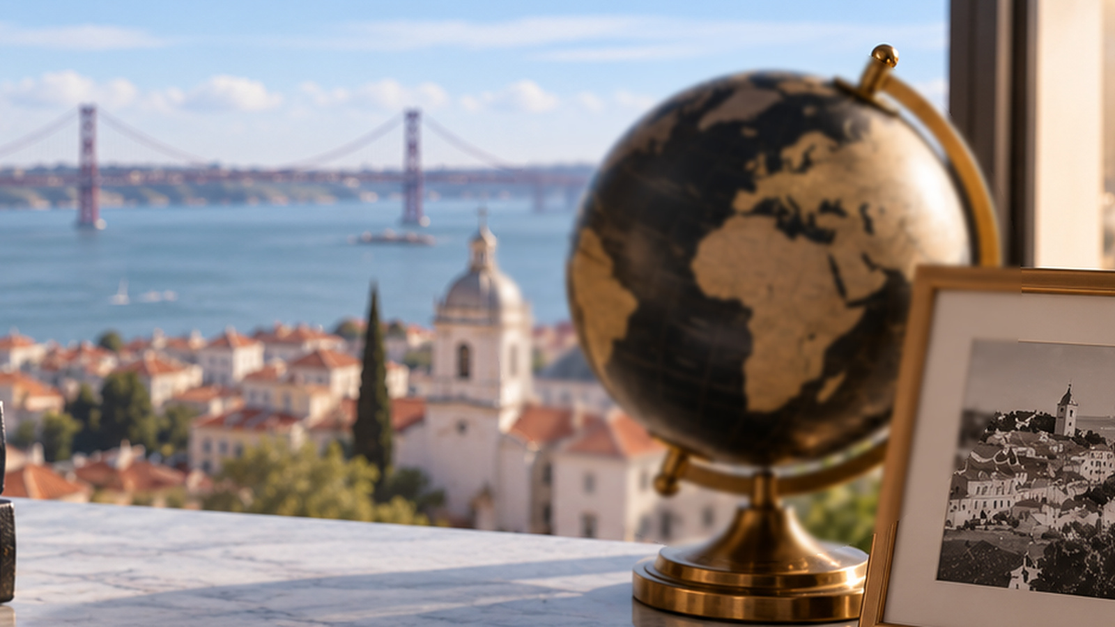 Lisbon office view with a globe and family photograph, illustrating a Portuguese inheritance handled from abroad.