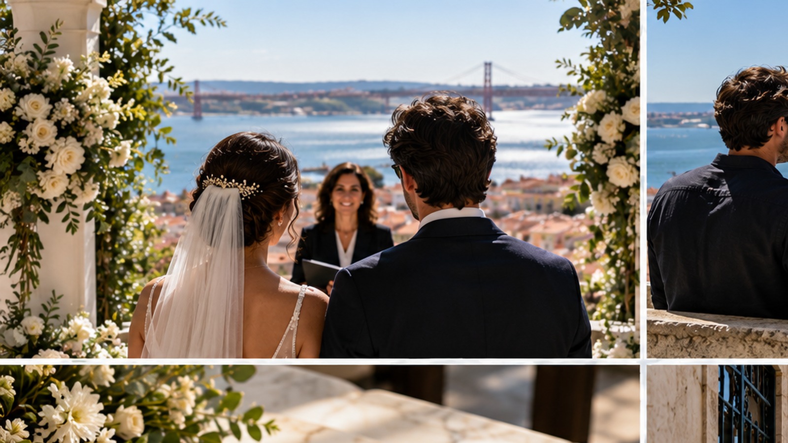 International couple at a civil marriage ceremony overlooking Lisbon.