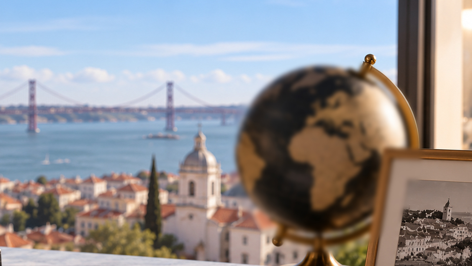 Lisbon skyline and Tagus view with a globe in a professional office, illustrating an international Portuguese inheritance without a will.