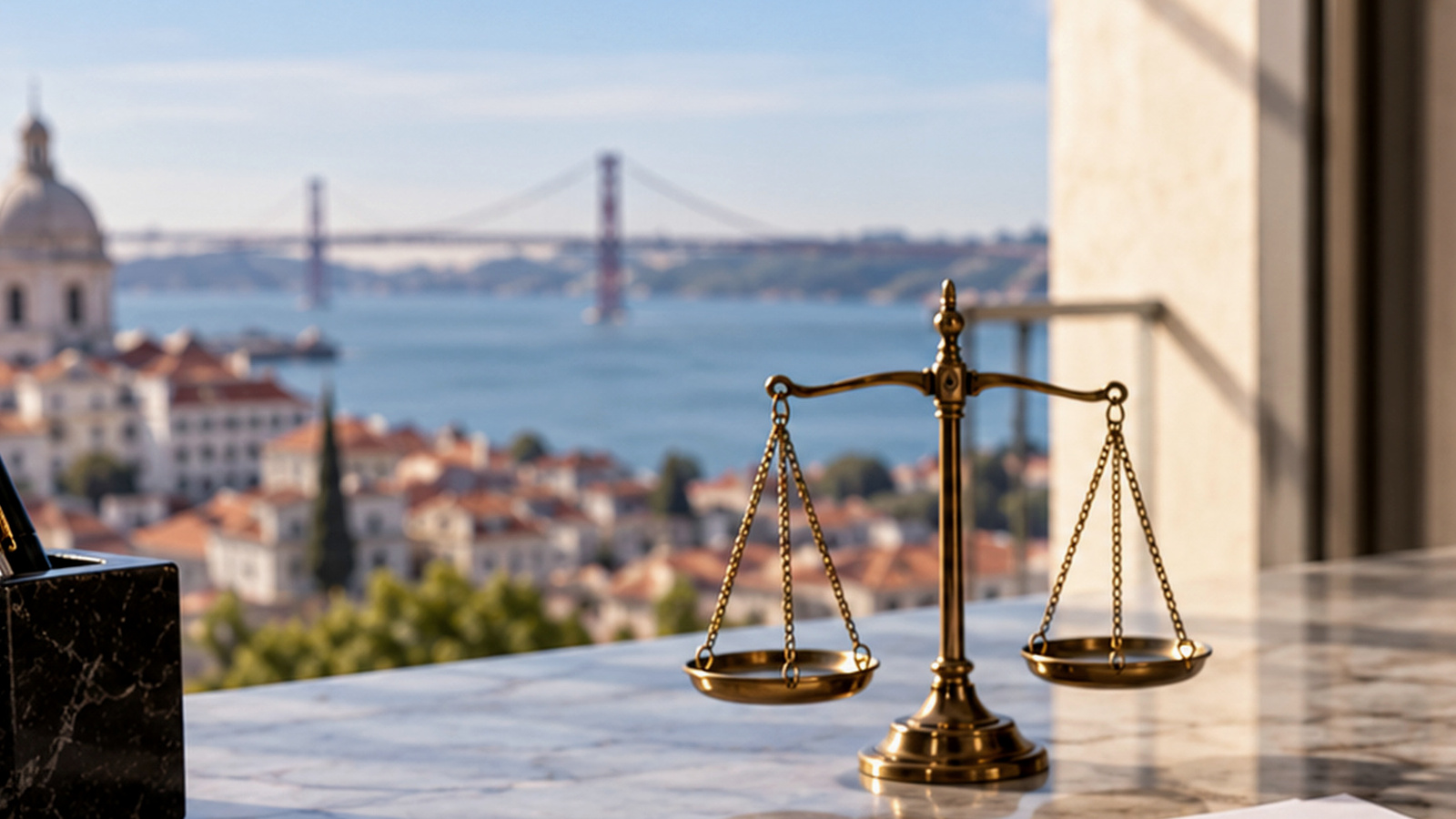 Brass balance scales on a Lisbon office desk overlooking the Tagus, illustrating review of probation-period termination.