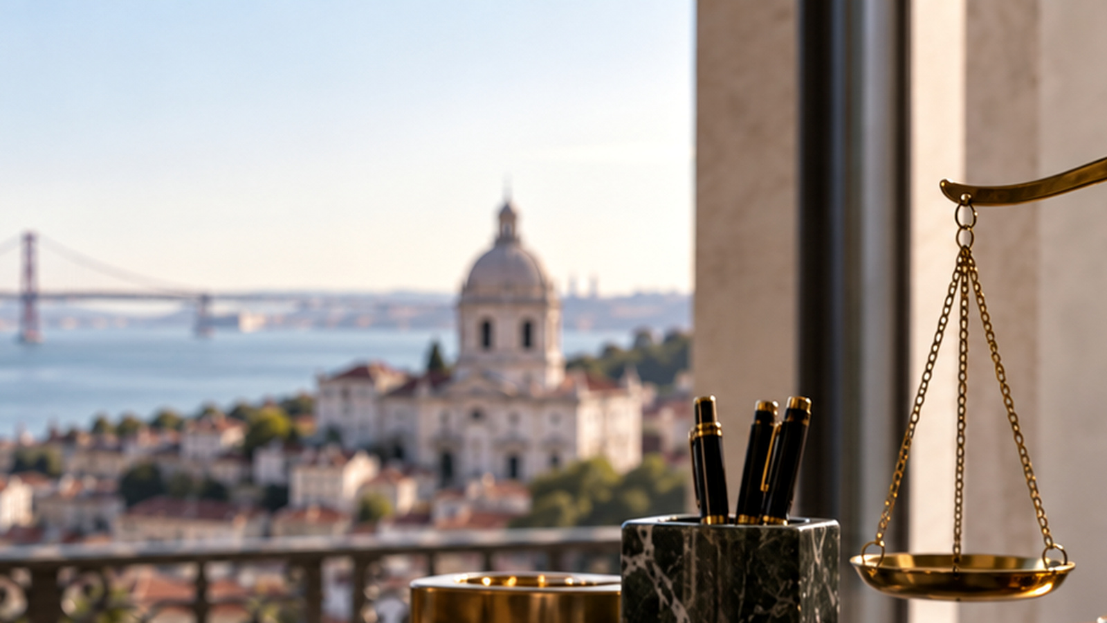 Brass balance scales in a Lisbon office overlooking the Tagus, illustrating review of a redundancy process.