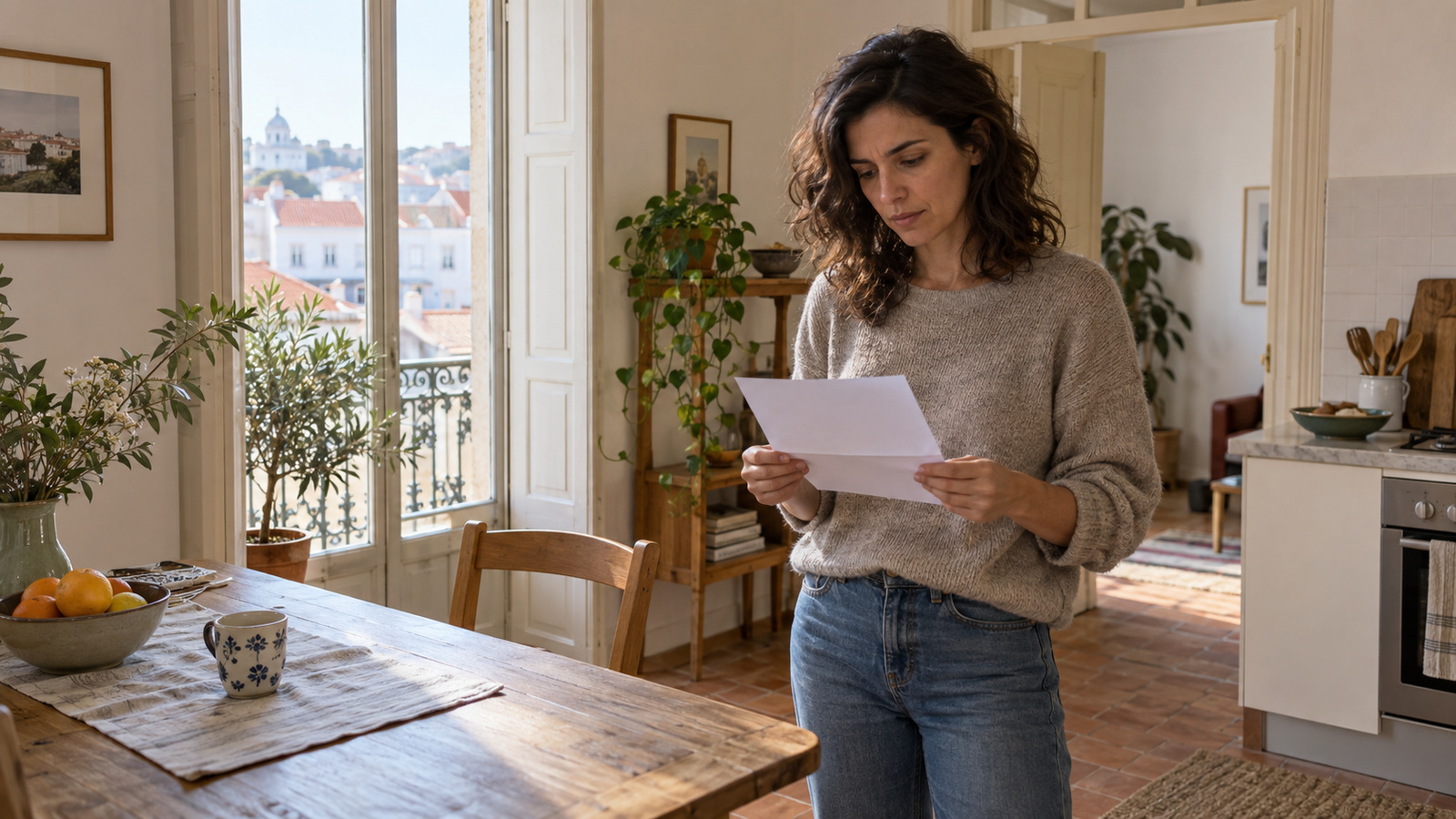 A woman reading a letter beside a dining table in a Portuguese apartment.