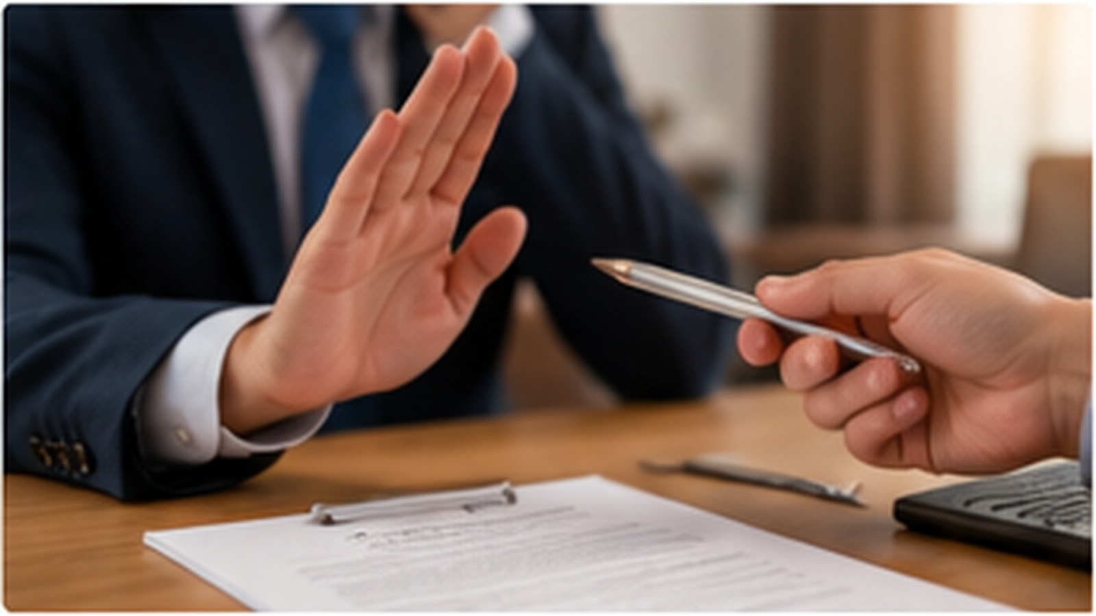 Buyer refusing a document during a Portuguese property contract dispute.