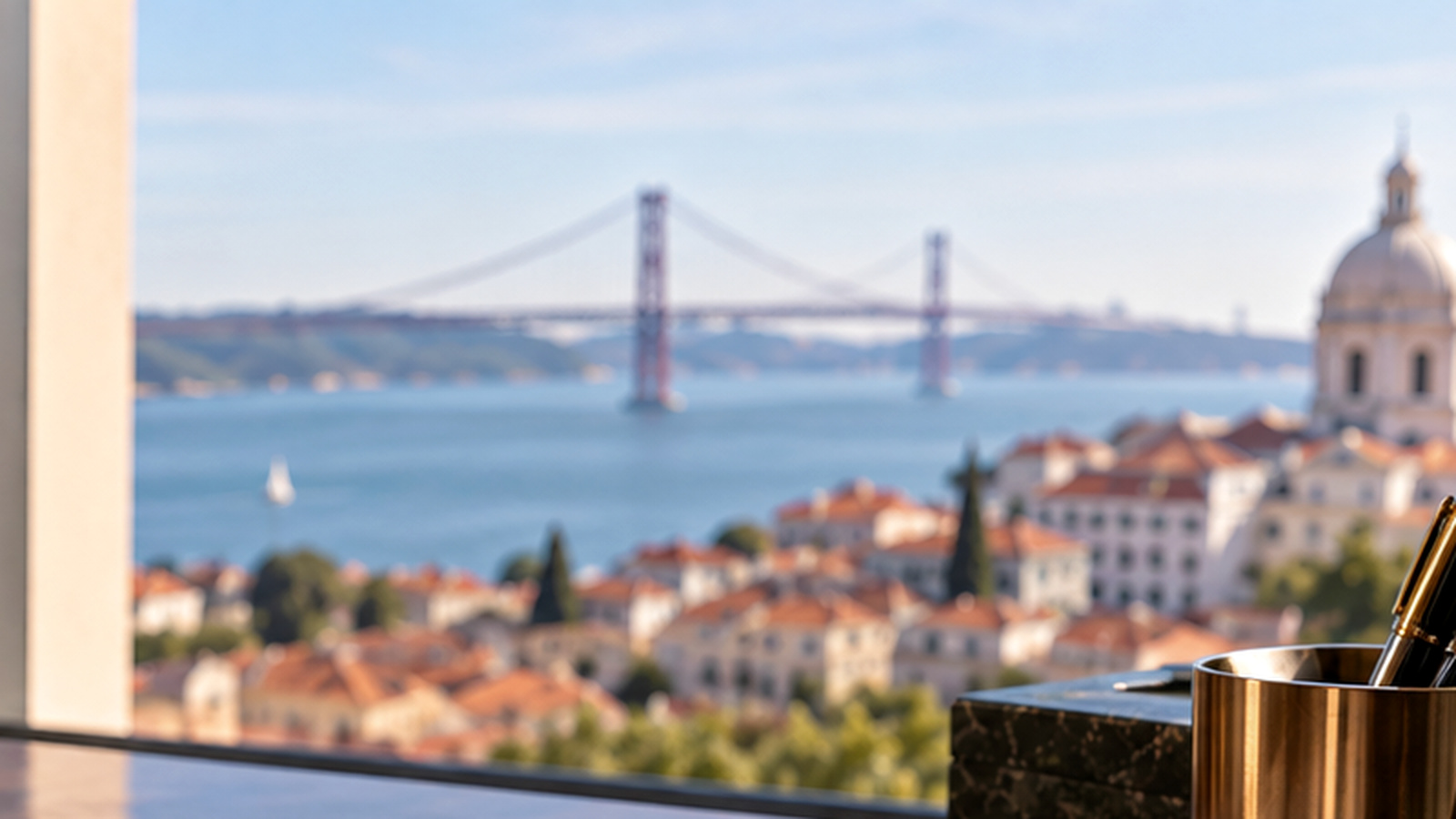 Text-free Lisbon office view overlooking the Tagus, illustrating founder planning for a Portuguese shareholder agreement.