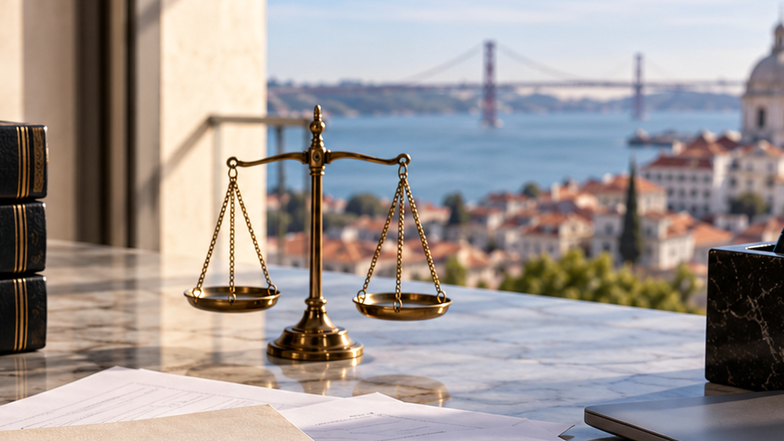 Brass balance scales on a Lisbon office desk overlooking the Tagus, illustrating a Portuguese shareholder dispute.