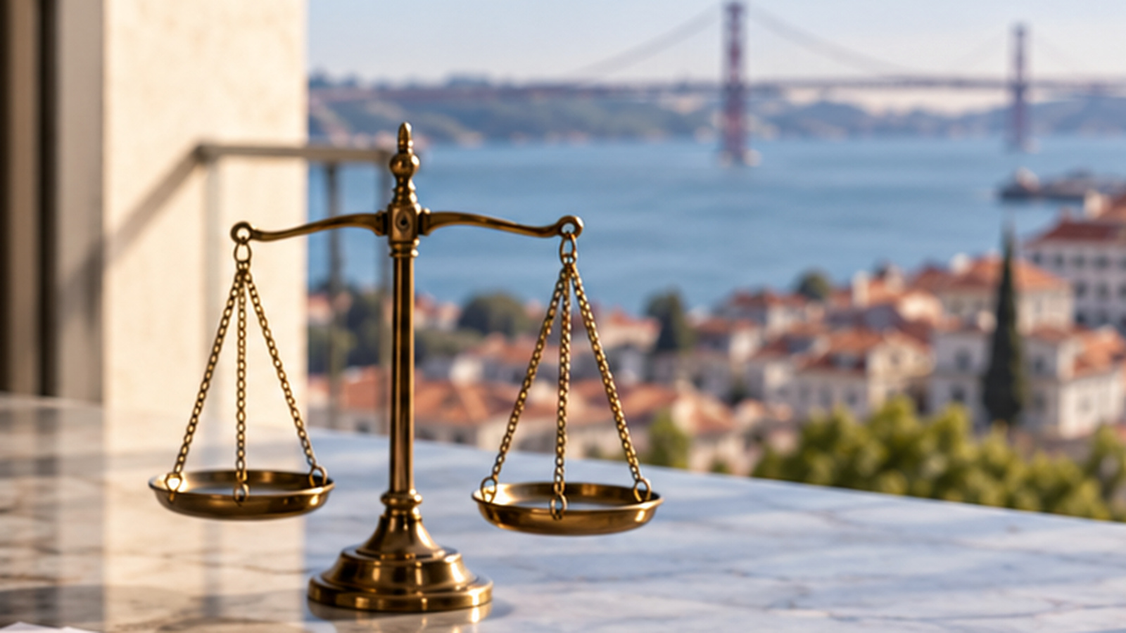 Brass balance scales in a Lisbon office overlooking the Tagus, illustrating recovery of an unpaid business invoice.