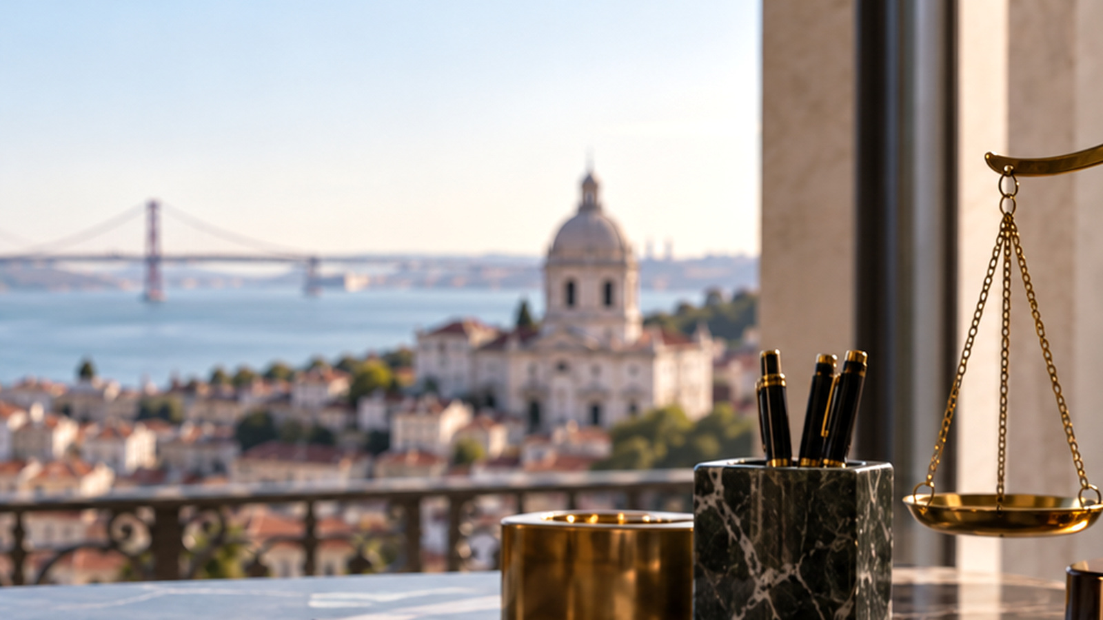 Brass balance scales in a Lisbon office overlooking the Tagus, representing a workplace harassment legal assessment.