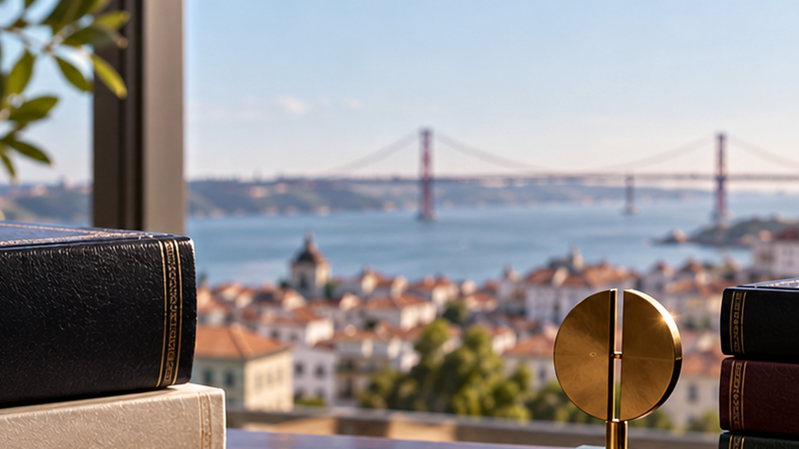 Lisbon office skyline with corporate desk details, illustrating investment and capital increase in a Portuguese Lda.