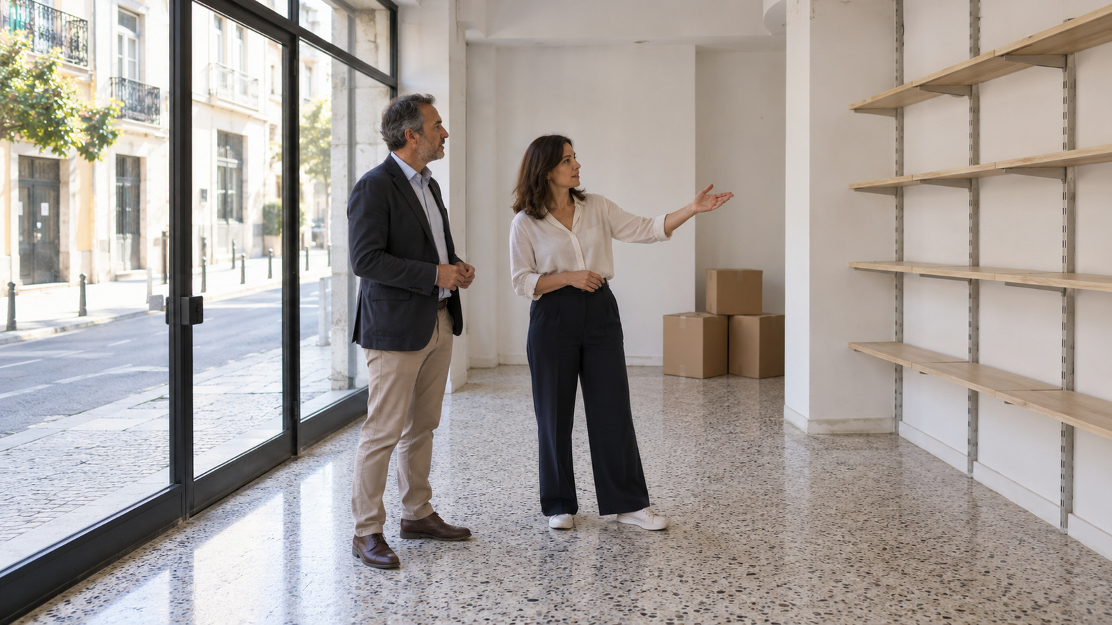 Two adults inspecting a partly vacated Portuguese shop with shelving and packed boxes.