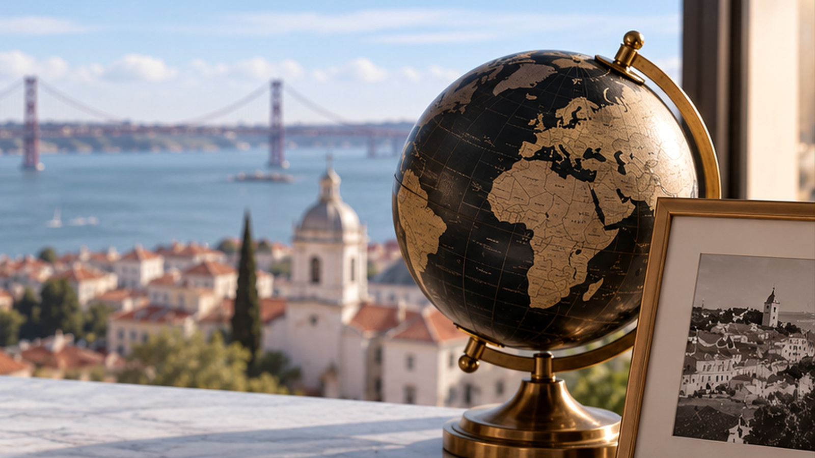 Text-free Lisbon office scene with a globe overlooking the Tagus, illustrating cross-border legal due diligence on a Portuguese company.