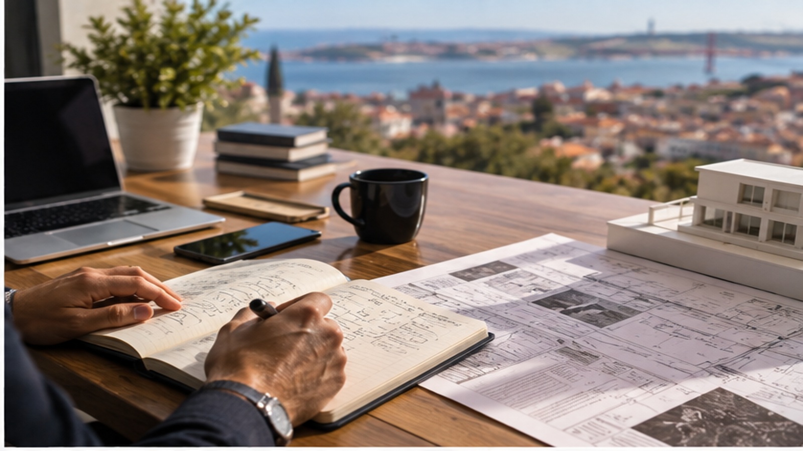 Professional planning a business project at a desk overlooking Lisbon.