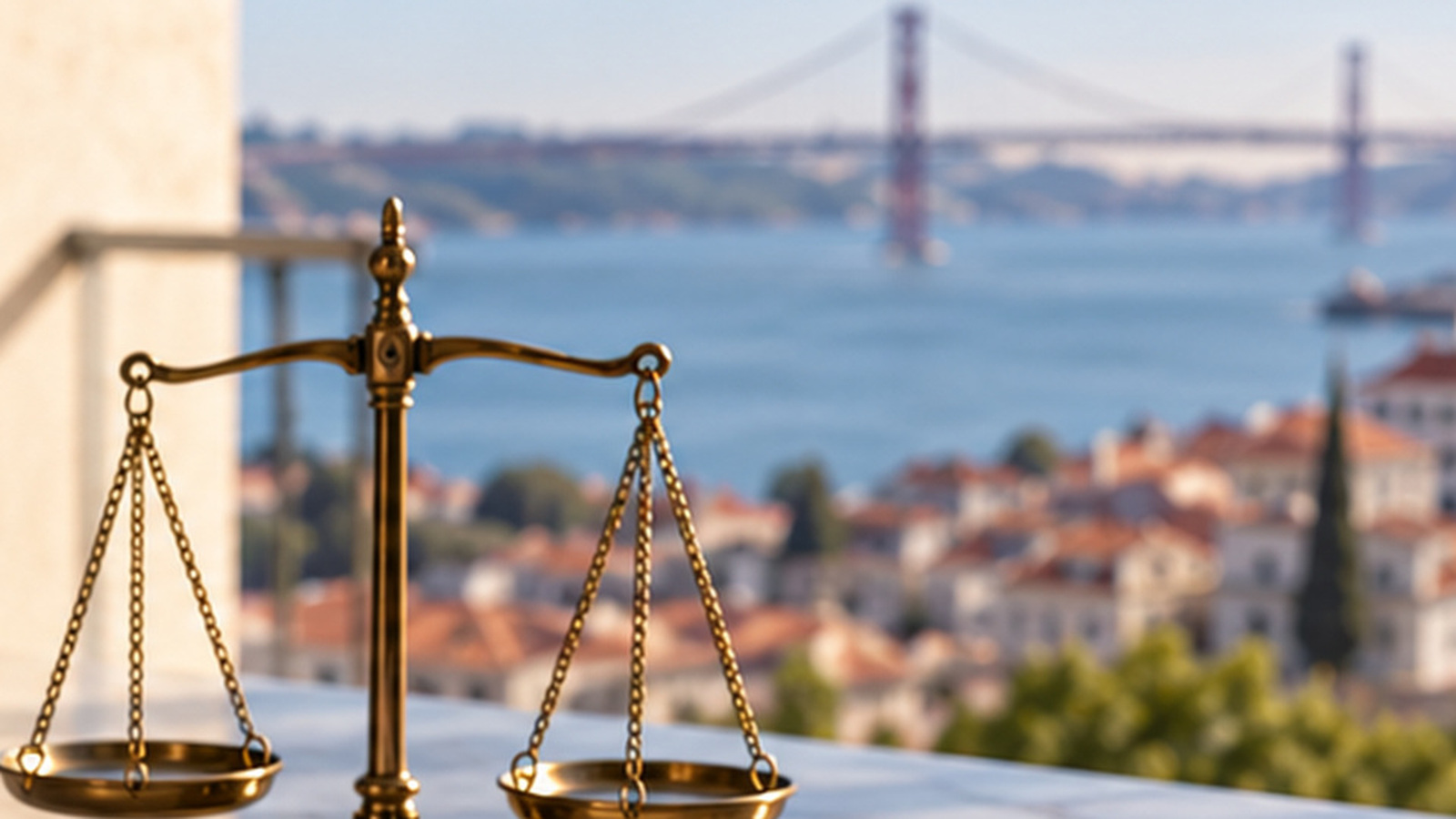 Brass balance scales in a Lisbon office overlooking the Tagus, illustrating protected inheritance shares and disinheritance rules.