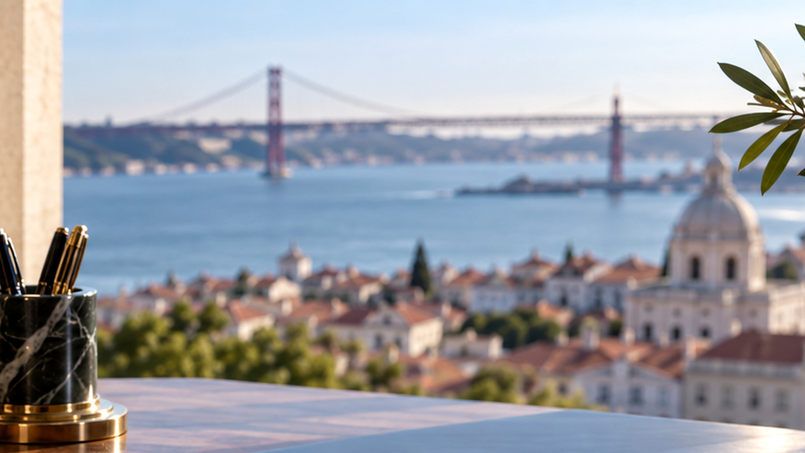 Text-free Lisbon office view with desk and pen holder, illustrating a change in workplace or employment conditions.