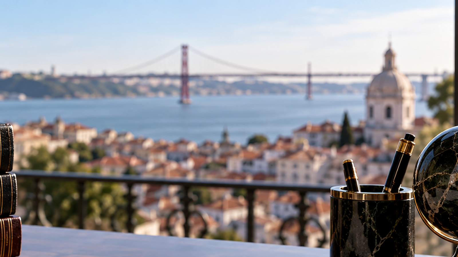 Text-free Lisbon office view with corporate desk accessories, illustrating a change of gerente in a Portuguese Lda.