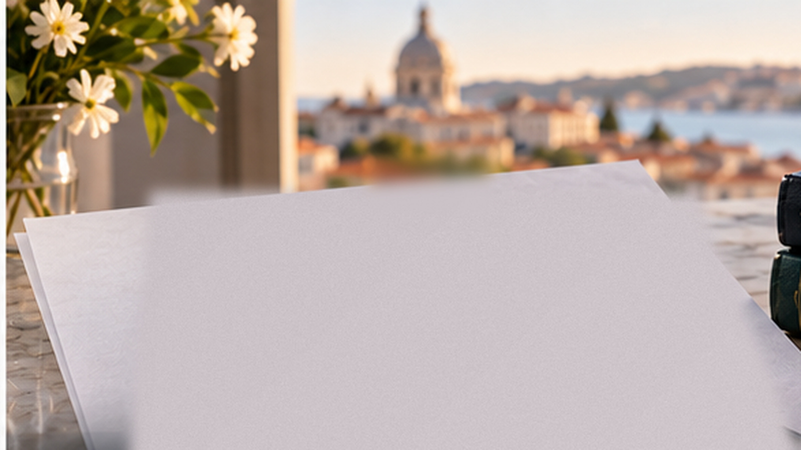 Portuguese succession documents arranged on a professional desk with Lisbon visible in the background.