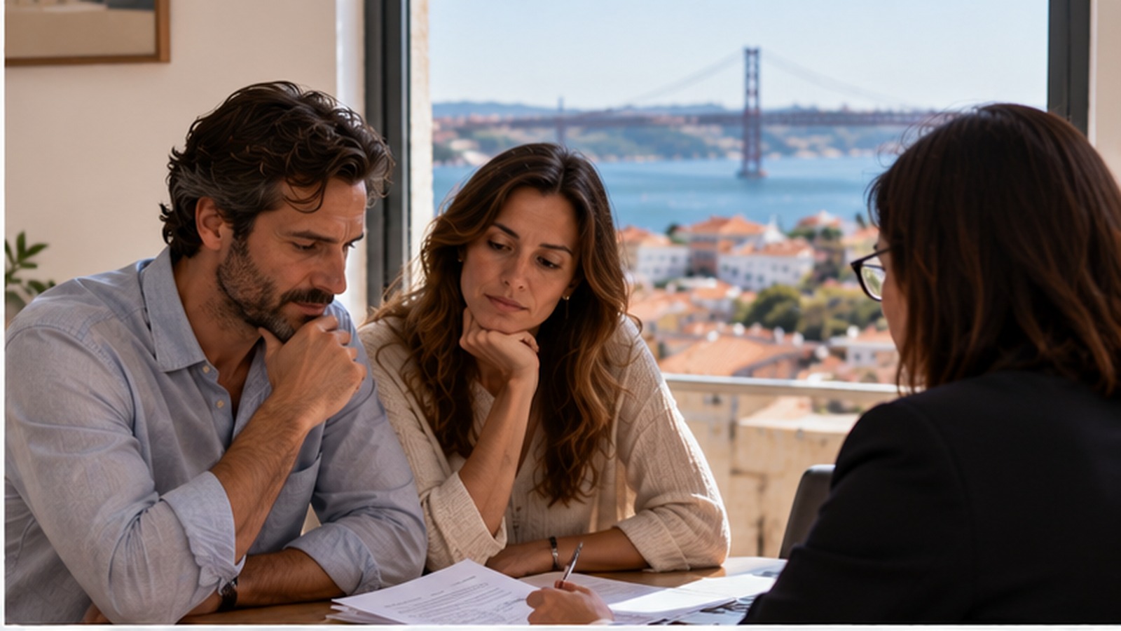 International couple discussing divorce terms with a lawyer in Portugal.