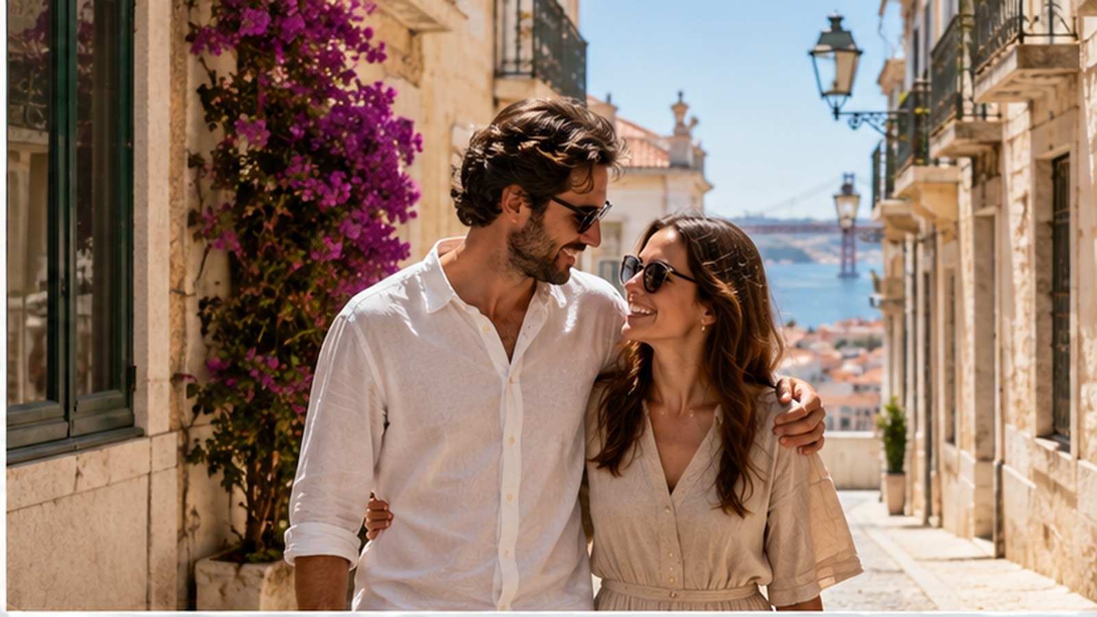 International couple walking through a Portuguese neighbourhood.