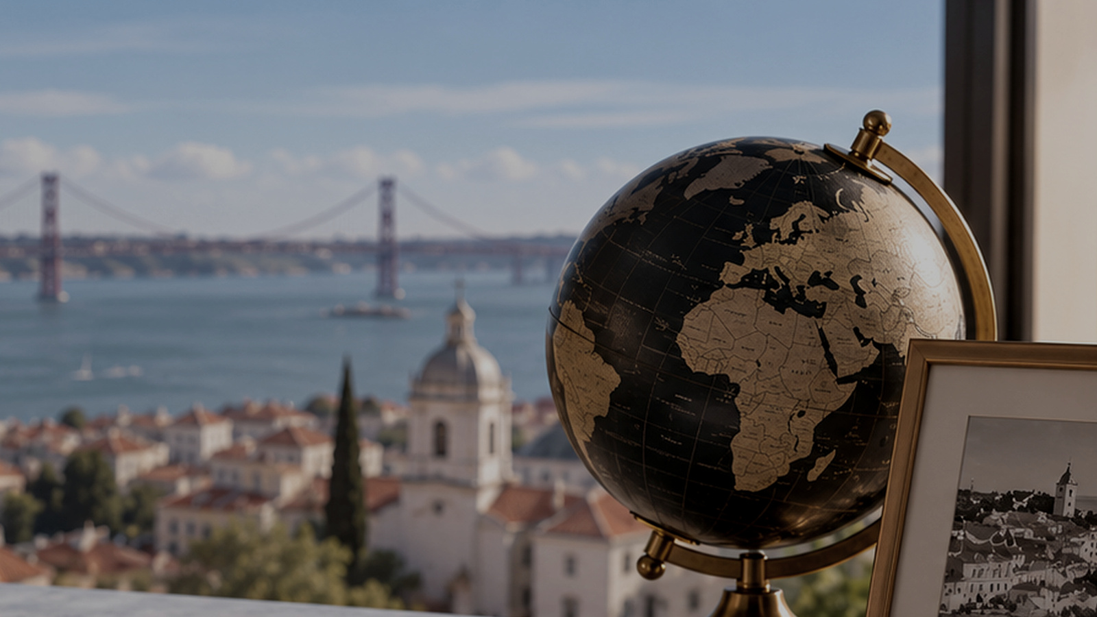 Darkened Lisbon office view with a globe and the Tagus in the background, illustrating extended working hours and overtime.