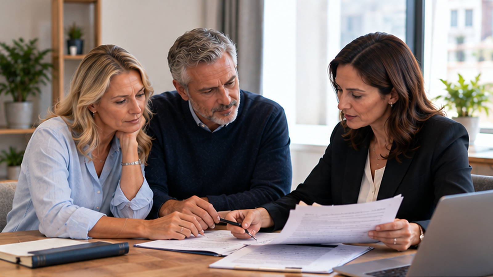 International couple and legal adviser reviewing records of property acquired before marriage and the couple's current matrimonial property position.