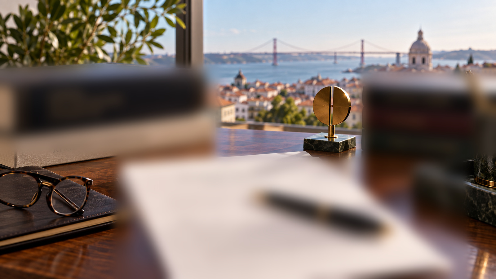 Formal document-review desk with a pen and Lisbon view, illustrating review of an employment termination agreement.