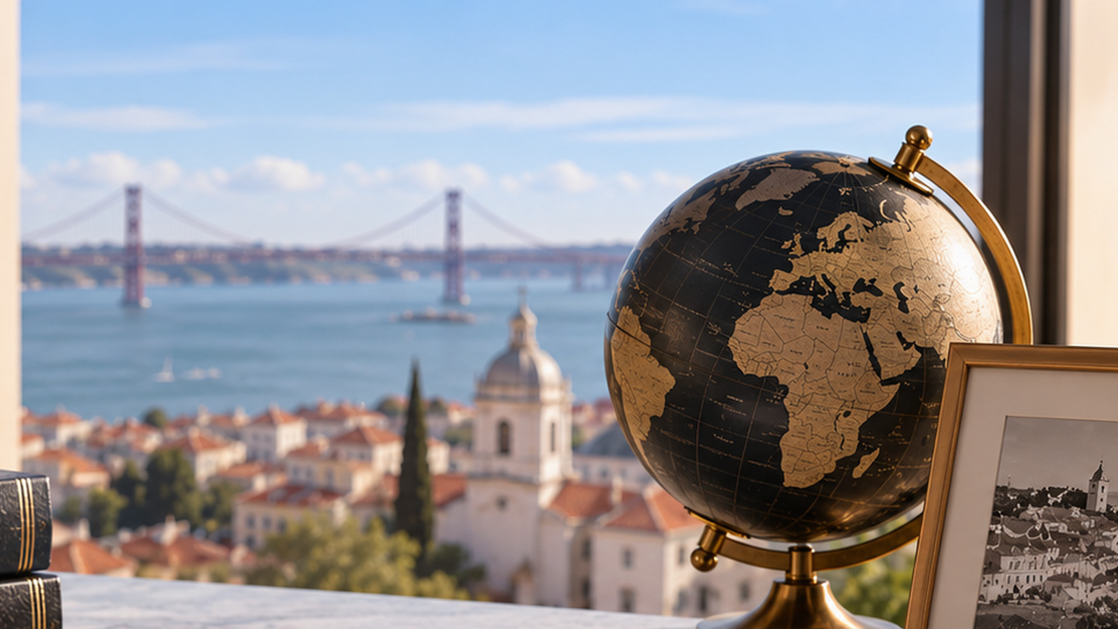 Globe and Lisbon office view representing an international workplace discrimination case in Portugal.