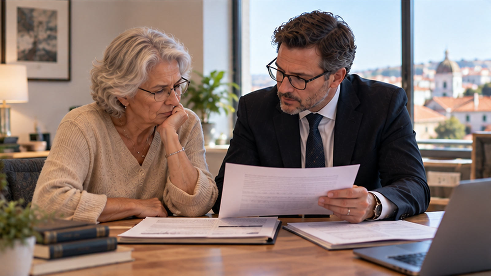 Heir reviewing Portuguese inheritance acceptance and renunciation documents with a legal adviser in a professional office.
