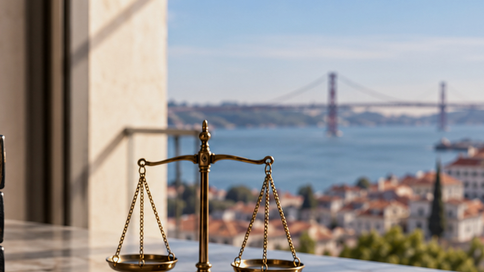 Brass balance scales in a Lisbon office overlooking the Tagus, illustrating company dissolution and liquidation.