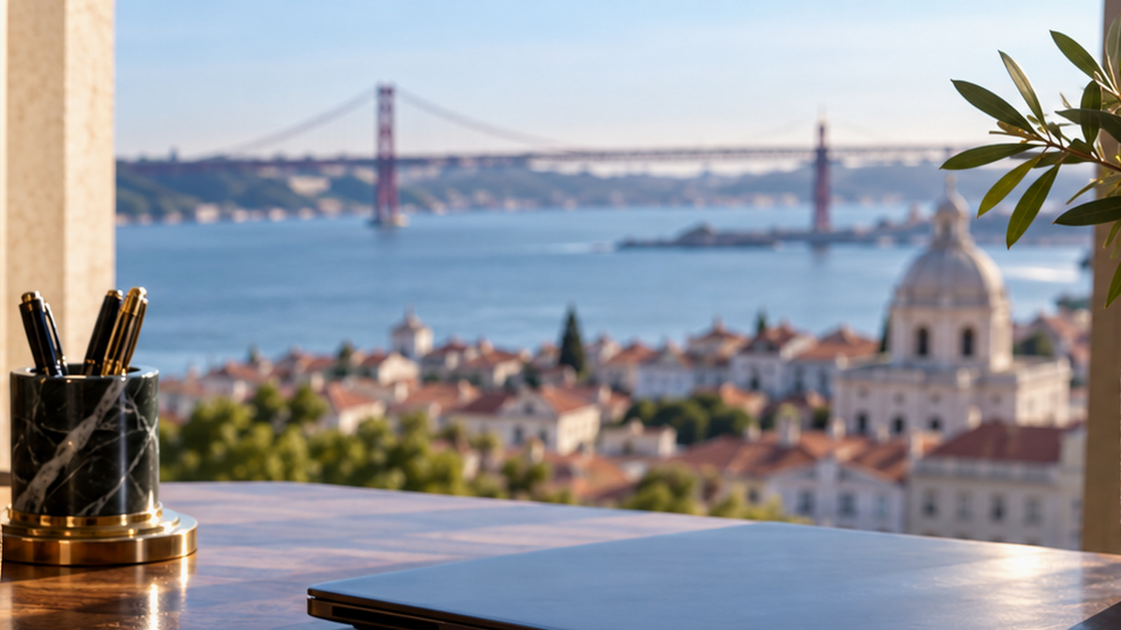 Closed laptop and office desk overlooking Lisbon, representing review of a workplace disciplinary process.