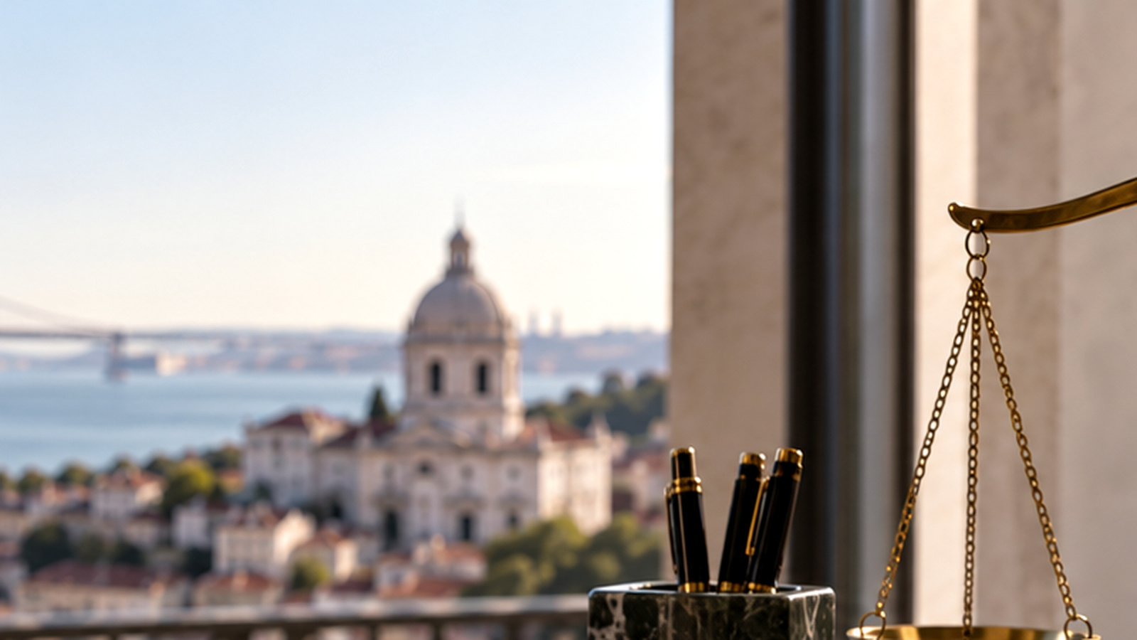 Lisbon legal-office view with balance scales, illustrating termination of a residential rental contract.