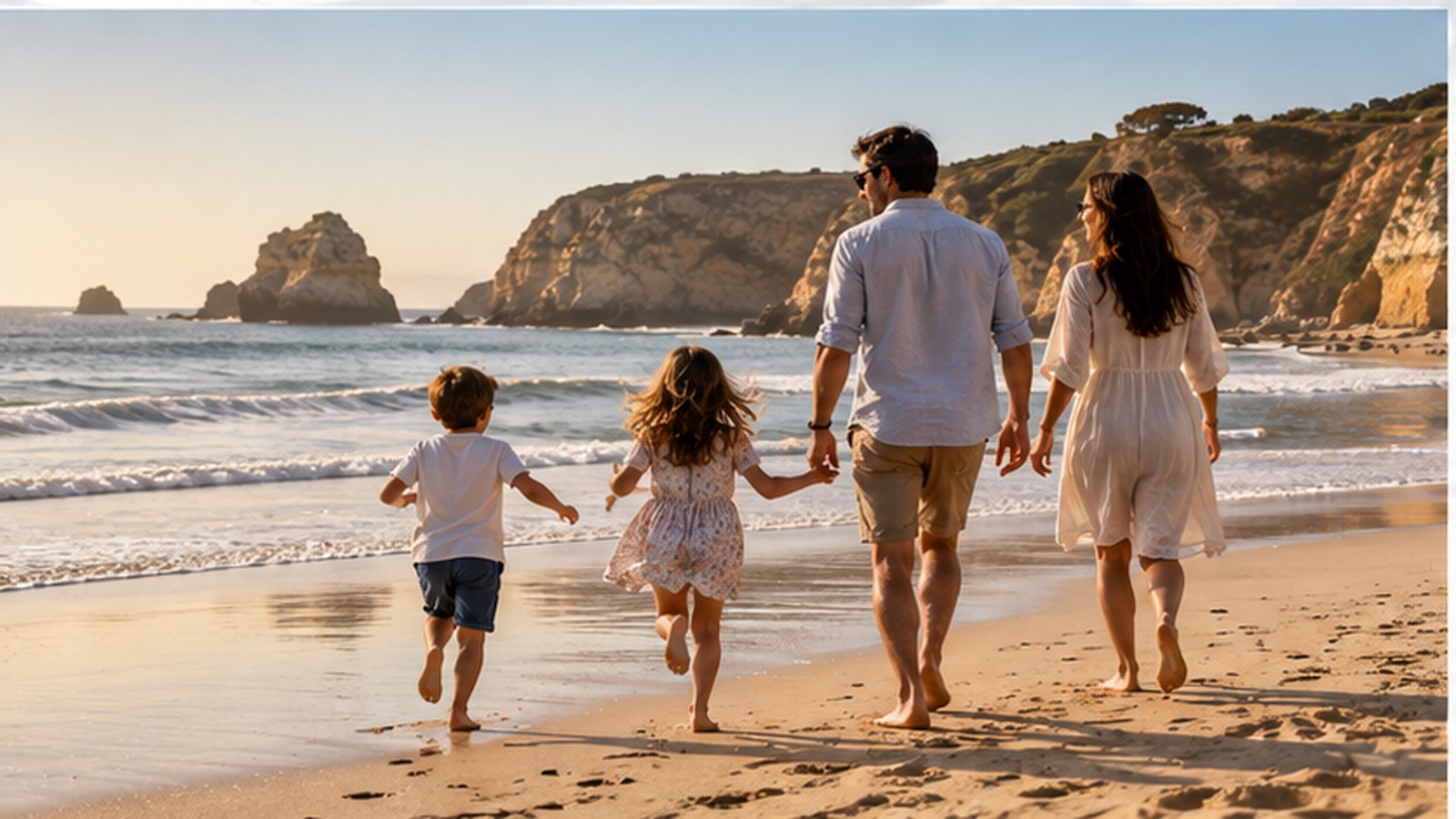 Parents and children walking together on the Portuguese coast.