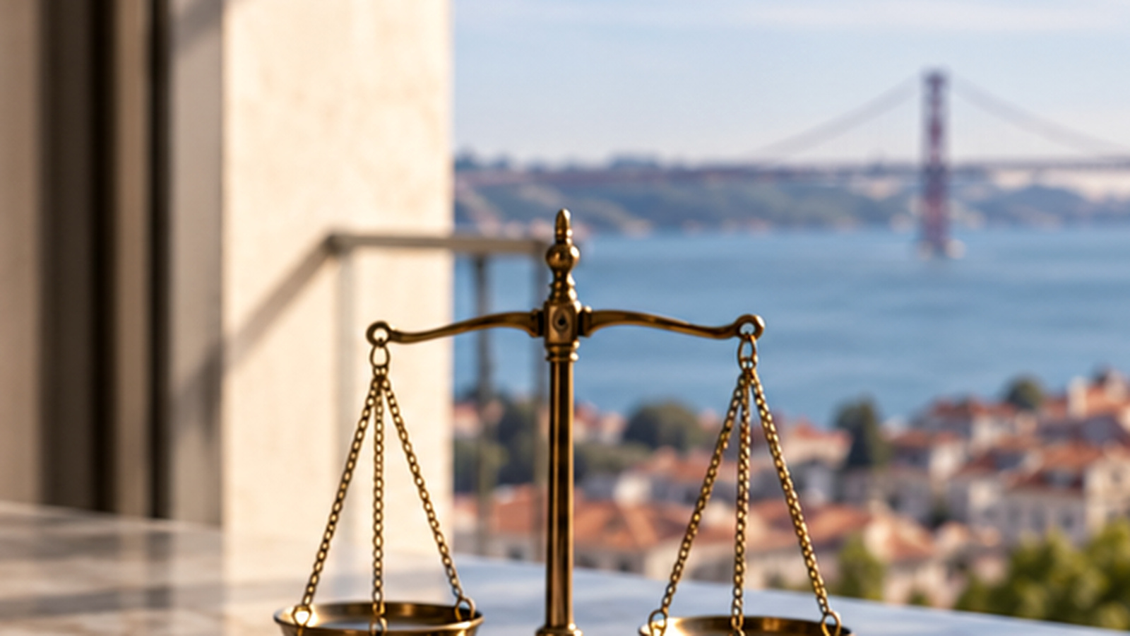 Brass balance scales in a Lisbon office overlooking the Tagus, illustrating company-manager liability.