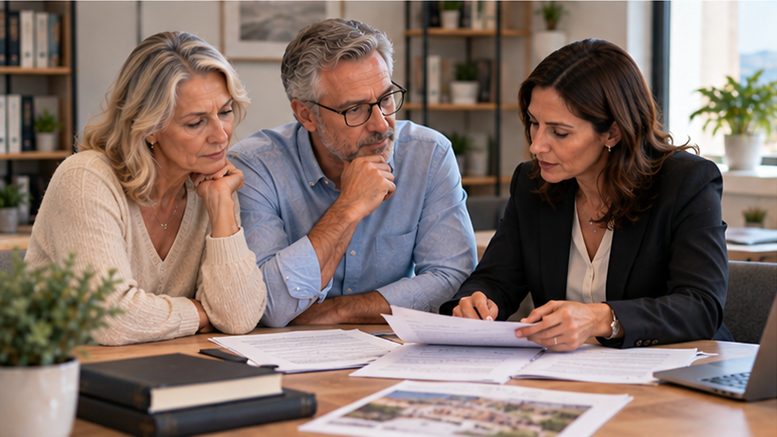 Married international couple reviewing inheritance and gifted-property records with a legal adviser in a calm professional setting.