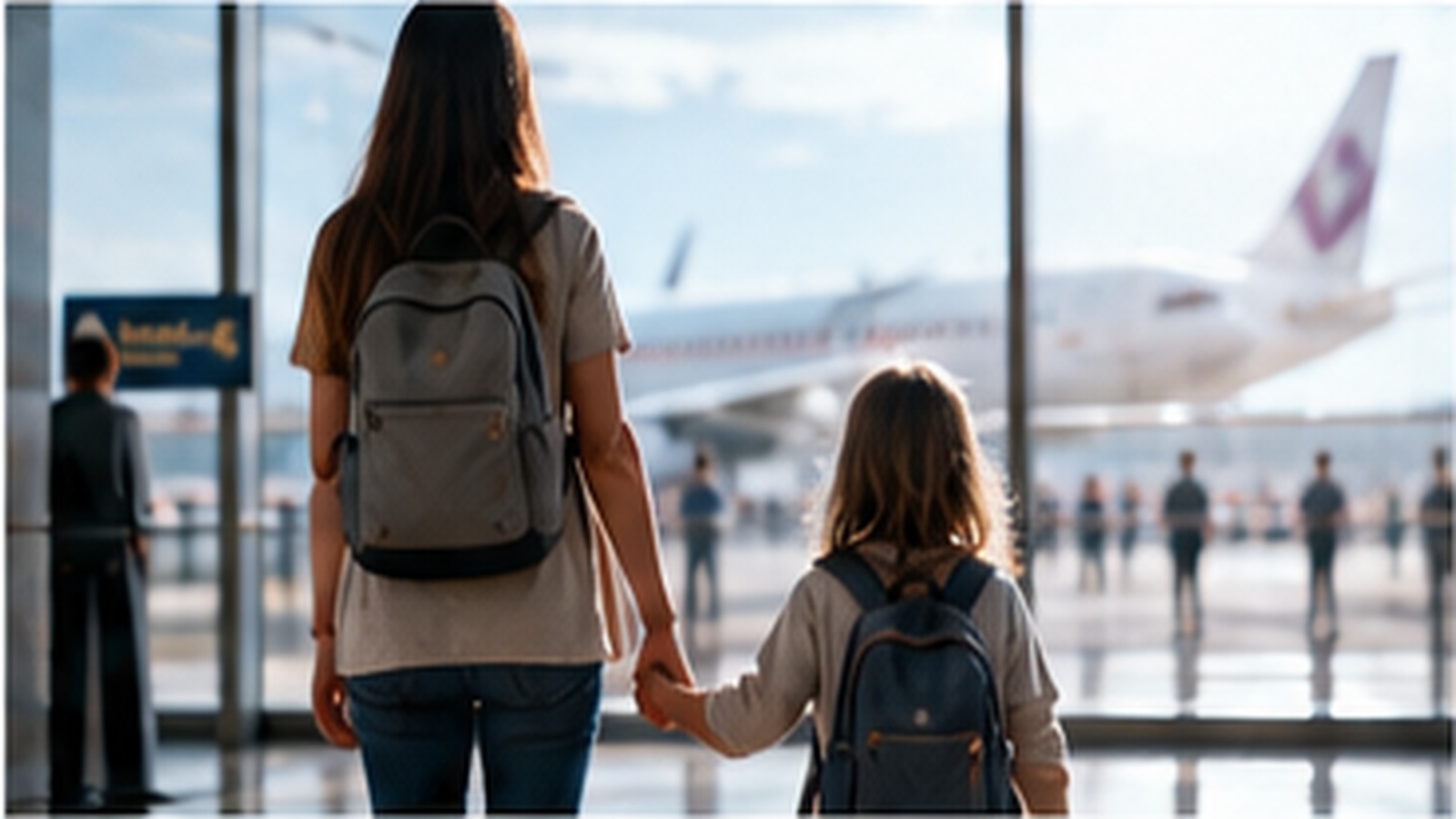 Parent and child at an airport preparing for an international move.