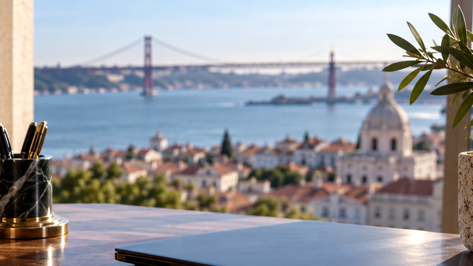 Text-free Lisbon office desk with closed laptop overlooking the Tagus, illustrating transfer of a company quota.