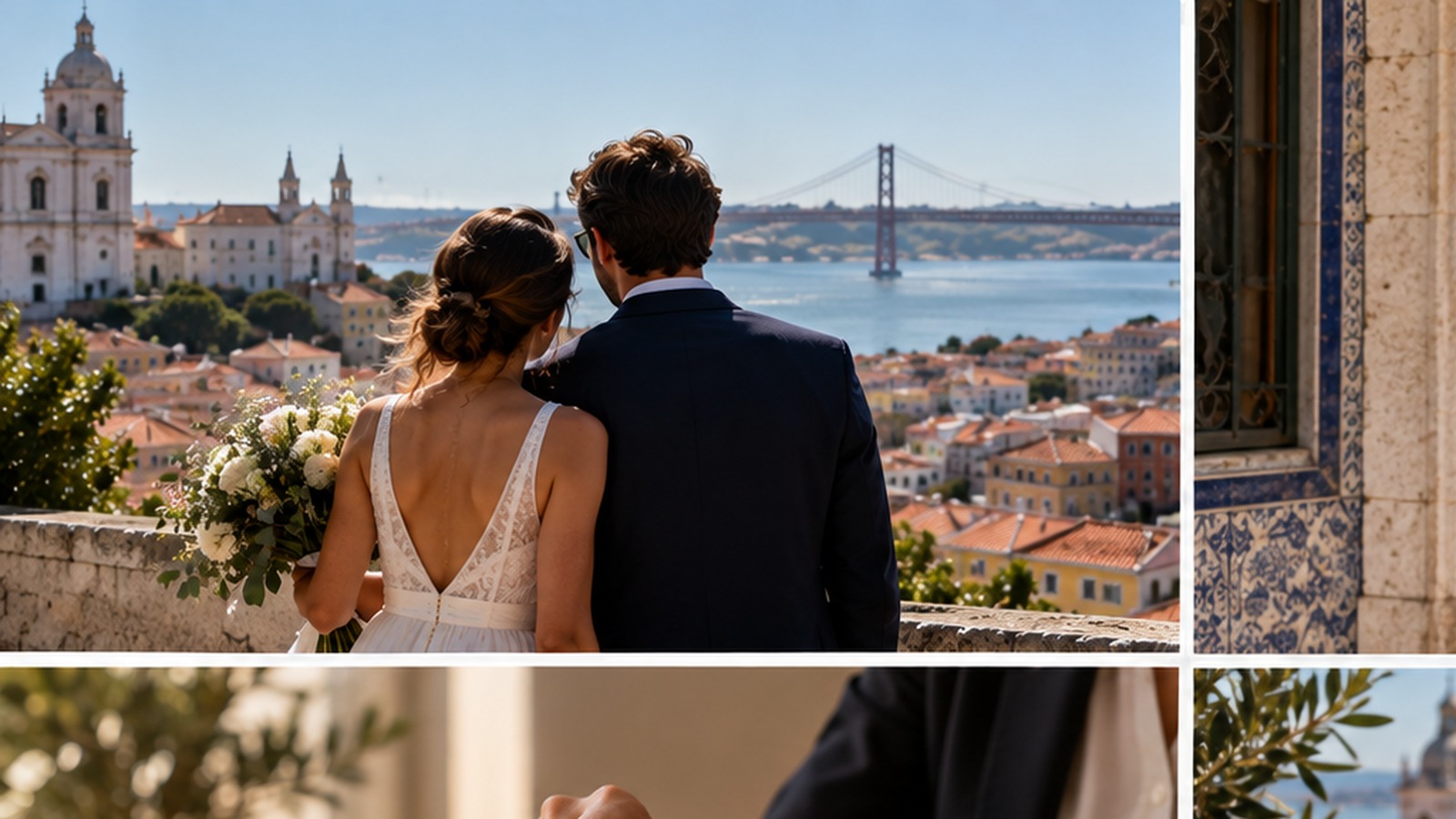 Newly married international couple overlooking Lisbon.
