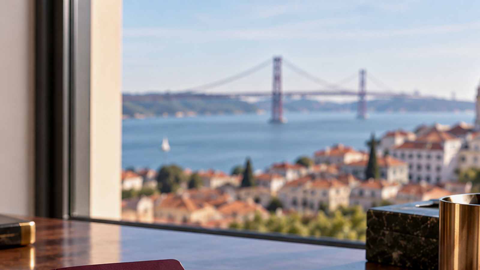 Text-free Lisbon office desk overlooking the Tagus, illustrating an employee exit for just cause.