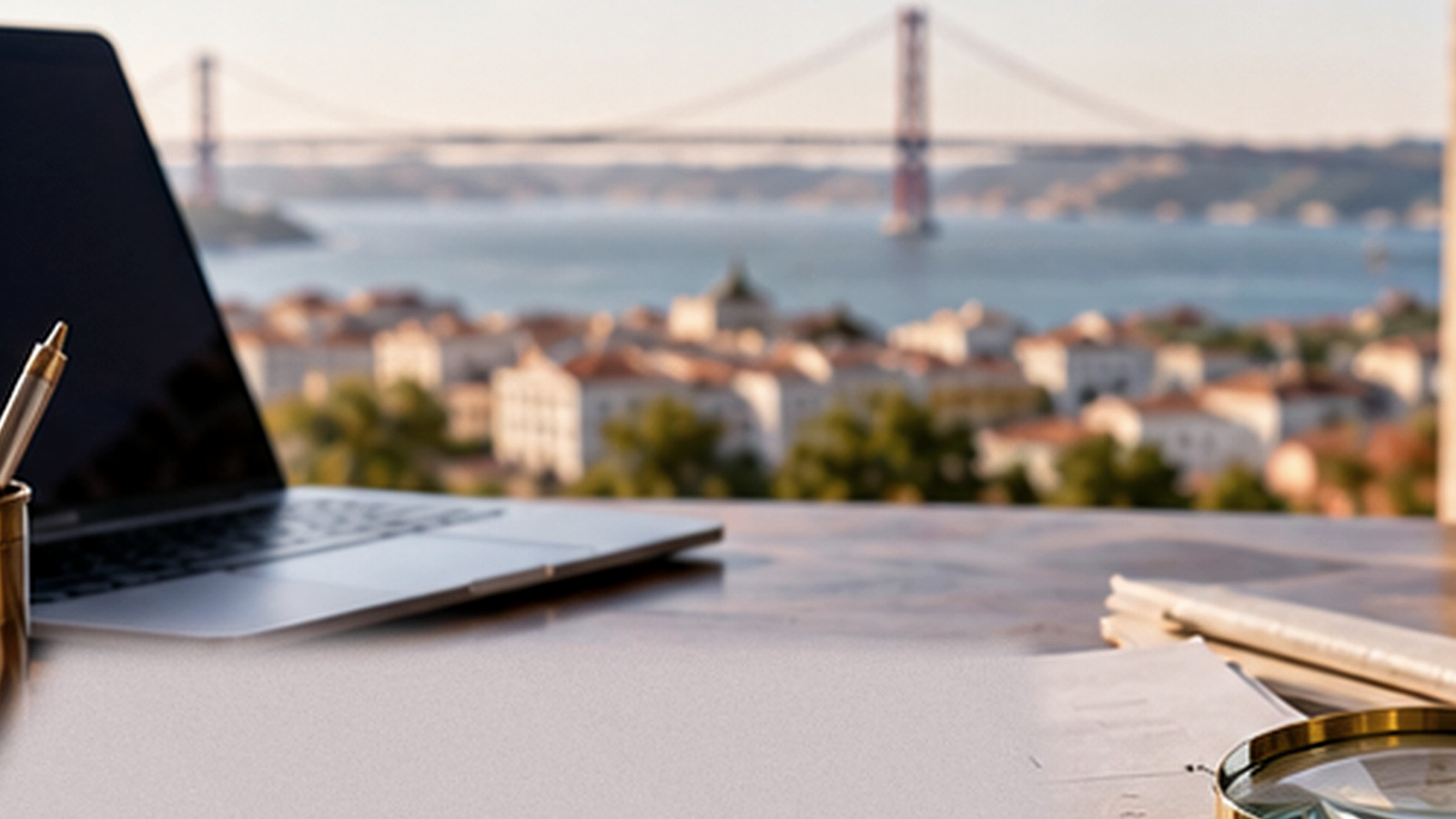 Text-free Lisbon office desk with a laptop and papers overlooking the Tagus, illustrating employee resignation and departure.