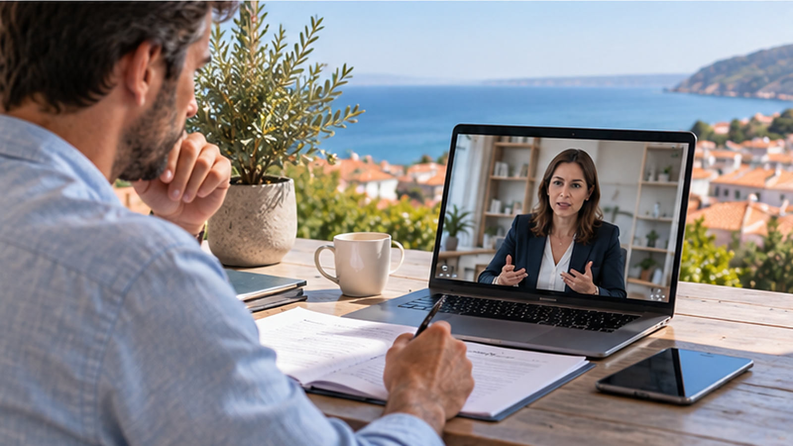 International property owner reviewing a remote Portuguese property sale from abroad.