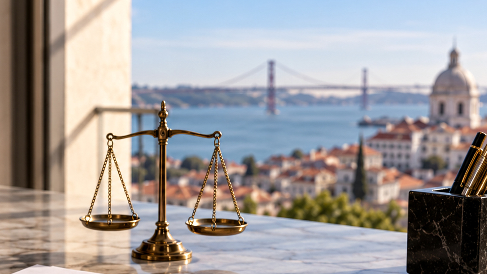 Brass balance scales on a Lisbon office desk overlooking the Tagus, illustrating negotiation of a Portuguese company acquisition agreement.