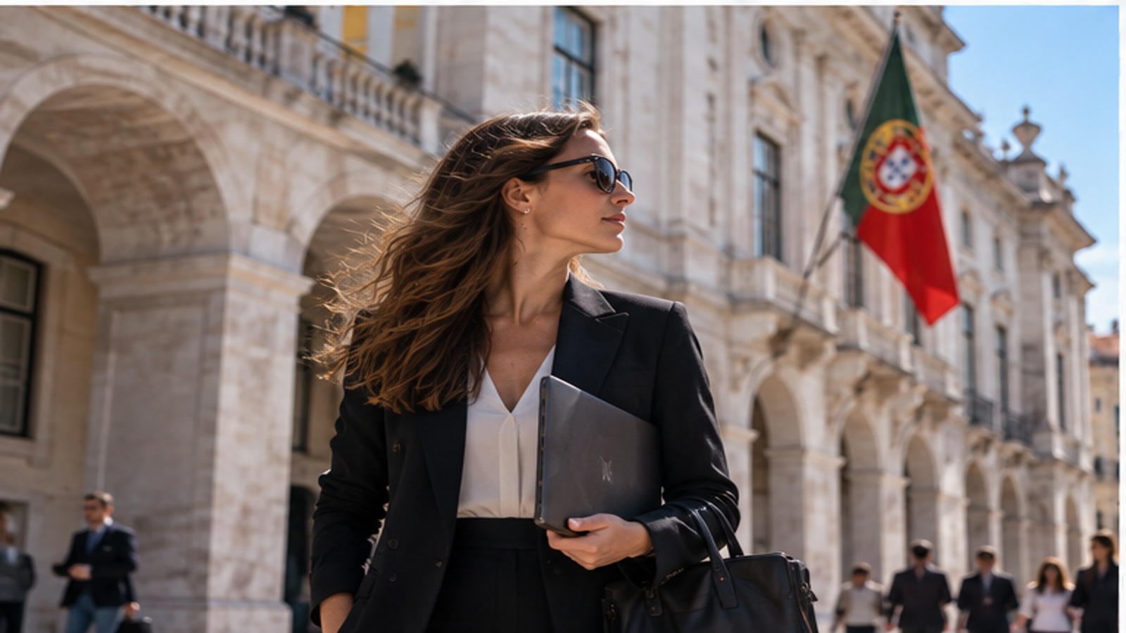 Professional outside a Portuguese public building.