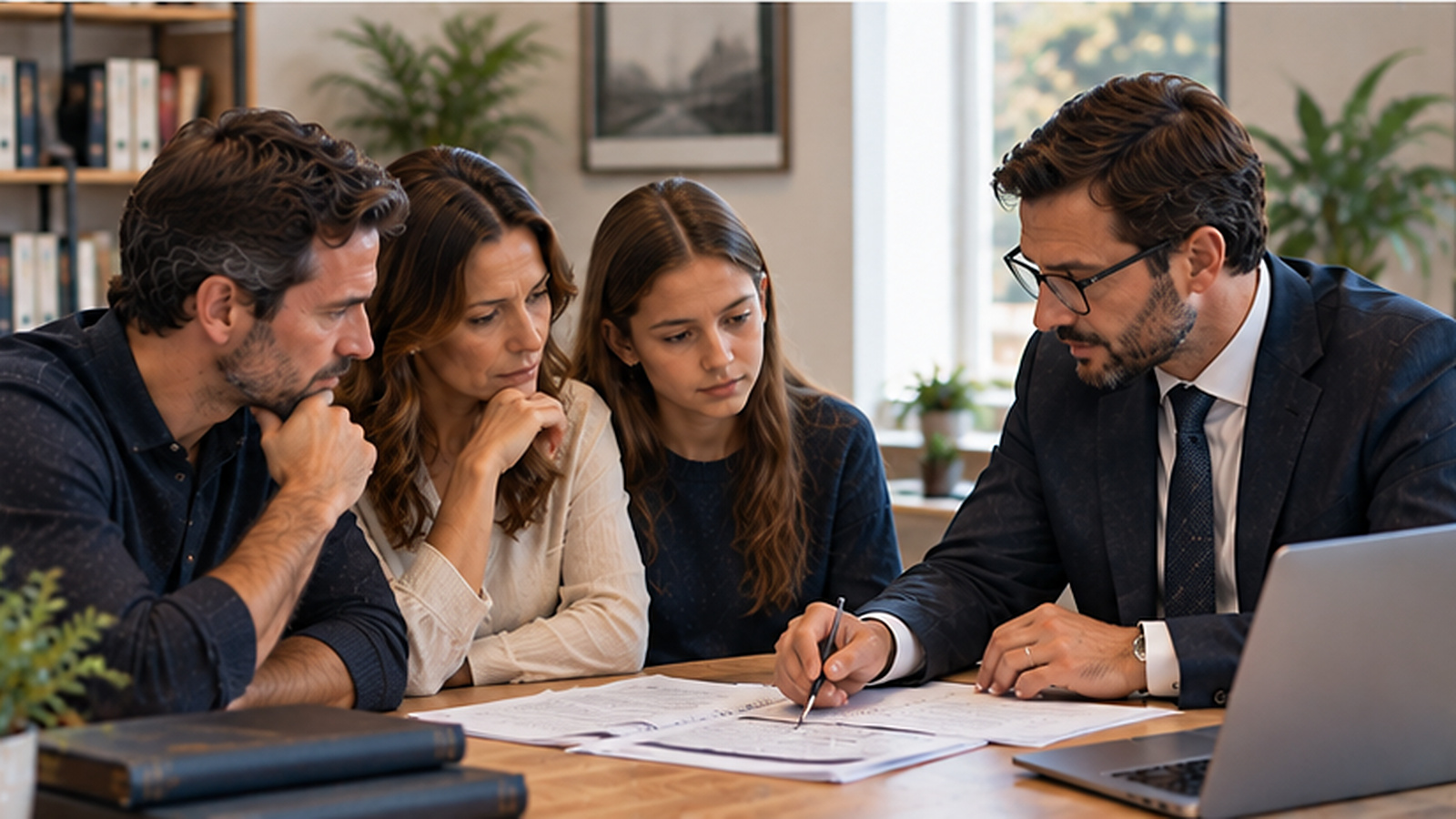 Blended international family reviewing Portuguese inheritance and estate-planning documents with a legal adviser.