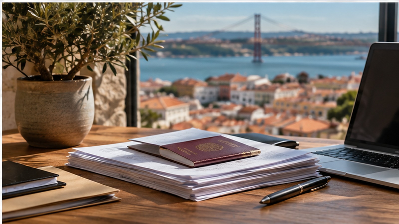 Passport and family immigration documents prepared at a desk in Portugal.